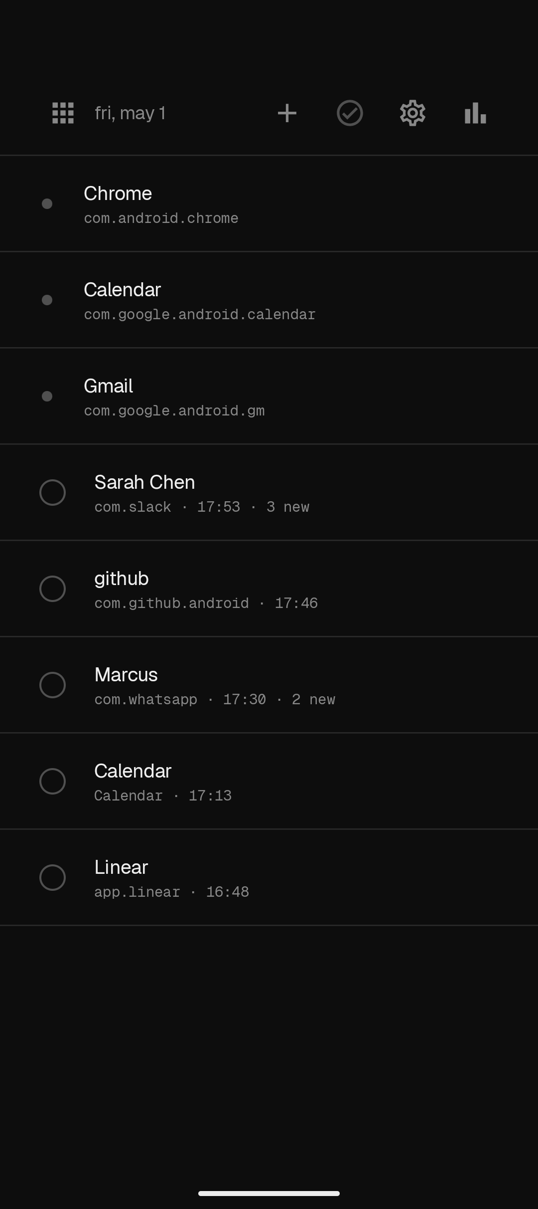 task feed with pinned apps and notification-derived tasks